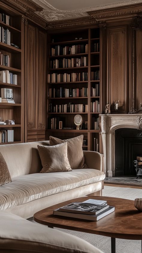 Cozy Victorian living room in Paris with wood paneling, bookshelves, beige velvet sofa, and a warm fireplace. Beige Victorian Living Room, Italian Living Room Aesthetic, Western Modern Living Room, Elegant Bookshelves, Beige Velvet Sofa, Cozy Earthy Living Room, Earthy Living Room Ideas, Earthy Homes, Victorian Apartment