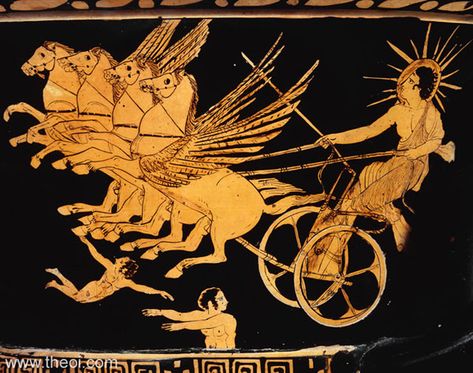 Apollo allows Phaeton to drive the chariot that causes fear as he almost destroys the entire world with reckless abandonment.  This scene shows Apollo's poor decision making skills and depicts him as a foolish god that lets his emotions get the best of him. Ancient Greek Art, Greek Pottery, Greek And Roman Mythology, Roman Mythology, Roman Art, Mythology Art, Greek Art, Greek Myths, Greek Gods