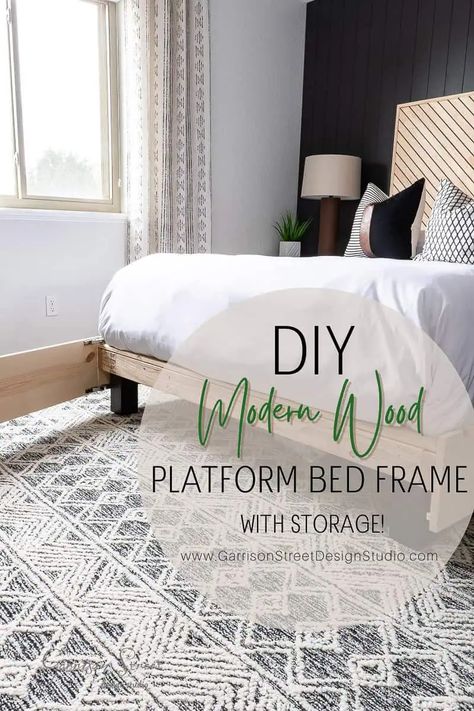 DIY Modern Wood Platform Bed Frame with Storage | ©GarrisonStreetDesignStudio | DIY | Modern Wood | Platform | Bed Frame | with Storage | Easy | Affordable | Queen | King | DIY Queen Bed | DIY Wood Bed | Bedframe Ideas | Platform Bed DIY | How to Build a Bed Frame | Tutorial | with LED Lights | 2x4 Bed Frame | Queen Bed Frame | Wooden Bed Frame | Simple Bed Frame | Homemade | Bed Frame Plans | with Headboard | Geometric | Mid Century | Boho | Storage | Bed | Pine Bed | Under Bed Storage Queen Bed Platform Diy, Build Queen Bed Frame, 2x4 Bed Frame, Queen Bed Diy, Bedframe Ideas, Diy Modern Bed, Bed Bedframe, Homemade Bed Frame, Diy Platform Bed Frame