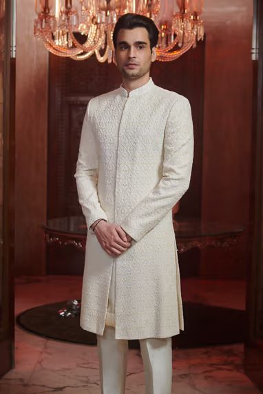 Chikankari Sherwani For Men, Men Sherwani Wedding, Sawan Gandhi, Sherwani Design, Raw Silk Embroidery, Sherwani For Men Wedding, Groom Dress Men, Groom Photoshoot, Sherwani Groom