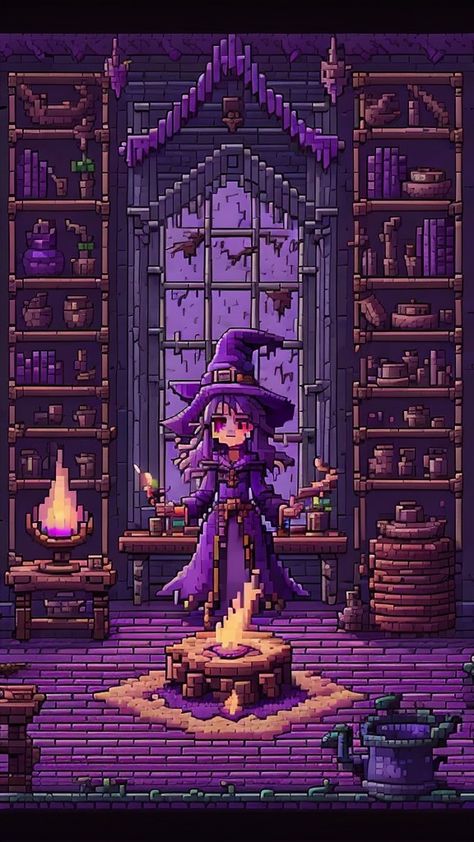 pixel art Pixel Witch, Witch Cabin, Purple Witch, House Wallpaper, Cabin Art, Magical Art, Witch House, Witch Art, Witch Aesthetic