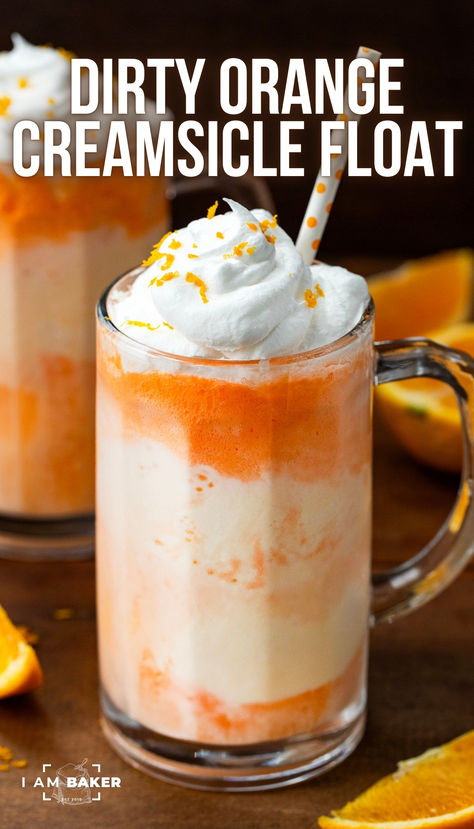 This Dirty Creamsicle Float is a boozy twist on a classic creamsicle, made with ice cream, orange soda, and vanilla vodka. It’s a beautiful drink, but, this adult beverage still packs a punch when it comes to the alcohol! Imagine having a few sips on a hot summer day! Creamsicle Drink Alcohol, Cream Cicle Drink, Creamsicle Recipes, Creamsicle Float, Alcoholic Ice Cream, Ice Cream Punch, Creamsicle Drink, Summertime Desserts, Beverages Recipes