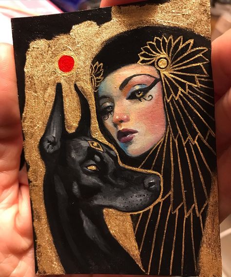 Jel Ena 👑 on Instagram: “Day 6 #black dog #anubis 🐺 Available on my store, link in bio. 2.5 x 3.5 in. Oil on paper, framed. #mabsdrawlloweenclub . . . .…” Egyptian Goddess Painting, Jel Ena Art, Egyptian Art Drawing, Egypt Painting, Cleopatra Art, Egyptian Artwork, Egyptian Drawings, Canvas Art Painting Abstract, Egyptian Painting