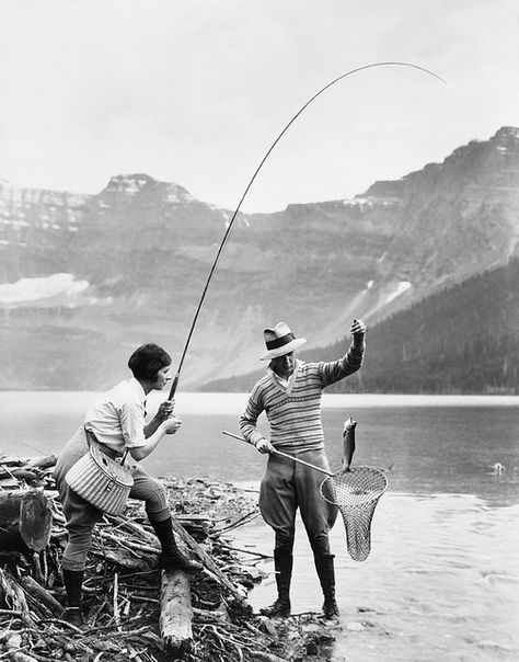 Marjorie Oliver and Vic Valentine catching a fish, Waterton Lakes National Park, Alberta, c. 1920s. #vintage #Canada #camping #fishing Fishing Couples, Waterton Lakes National Park, Men Fishing, Fishing Photos, Fishing Pictures, Fishing Women, Gone Fishing, Fish Camp, Ice Fishing