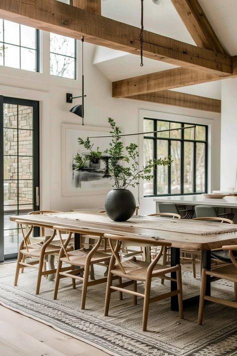 Modern Casual Dining Room, Modern European Dining Room, Dining Table Next To Kitchen Island, Farmhouse Modern Dining Room, Dining Room Wood Table, Rustic Modern Dining Room, Cozy Organic Modern, Rustic Modern Dining Table, Modern Rustic Dining Room