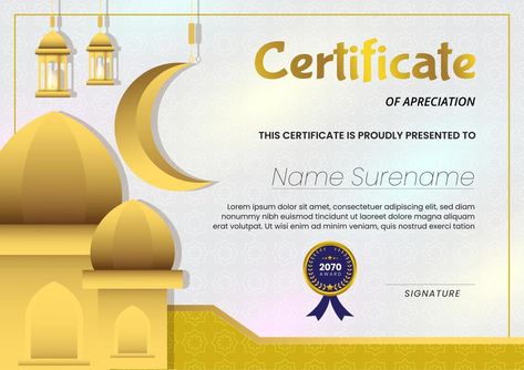 Certificate with Mosque Background and white Gold Color Islamic Pattern Suitable for Ramadan Concept Template Islamic Certificate, Lantern Islamic, Arabic Lamp, Mosque Background, Arabic Lantern, Lantern Ramadan, Islamic Lantern, Free Certificate Templates, Certificate Background