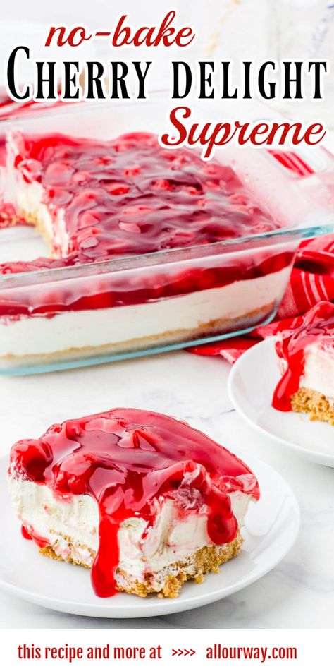 Cherry Delight Dessert is a no-bake dessert made with a Graham cracker crust, cream cheese filling, and cherry pie topping. Sweet, creamy, and tangy! This easy refrigerator dessert is always a year-round favorite. Cherry Delight Dessert, Pie Topping, Delight Dessert, Summer Desserts Easy Healthy, No Bake Cherry Cheesecake, Cherry Delight, Cream Cheese Desserts, Fluff Desserts, Healthy Summer Desserts