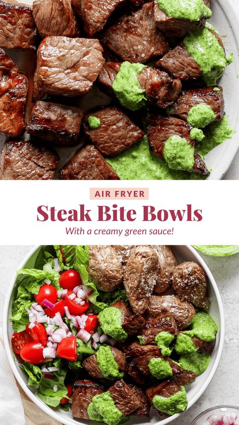 Air Fryer Steak Bites - Fit Foodie Finds Steak Burrito Bowl Recipe, Air Fryer Steak Bites, Creamy Cilantro Dressing, Broccoli Fritters, Air Fryer Steak, Overnight Oatmeal Recipes, Prep Food, Fit Foodie Finds, Cilantro Dressing