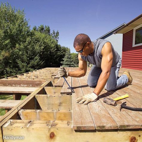 It's not the easiest option, but replacing your wooden deck boards with synthetic decking (composite or PVC) might be your best investment, in both time and money. In just a few weekends and with basic carpentry tools, you can have a stunning deck that looks brand new and will look great for many years. Costs vary widely for synthetic decking, but expect to pay anywhere from $5 to $10 per square foot. Be warned, however, that synthetic decking requires closer spacing of joists and stair stri... Basic Carpentry Tools, Basic Carpentry, Deck Building Plans, Deck Remodel, Stairs Stringer, Laying Decking, Deck Framing, Wooden Deck, Deck Construction