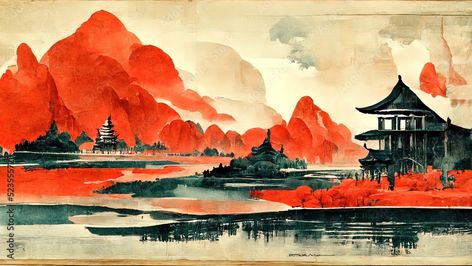 Traditional painting chinese ink red landscape. Painting of hills, trees on a textured paper. Old Asian, japanese design. 4k drawing. Beautiful artwork. Stock Illustration | Adobe Stock Red Landscape, Things Wallpaper, Drawing Beautiful, Chinese Illustration, Chinese Landscape Painting, Pink Cloud, Chinese Ink, Stranger Things Wallpaper, Japanese Painting