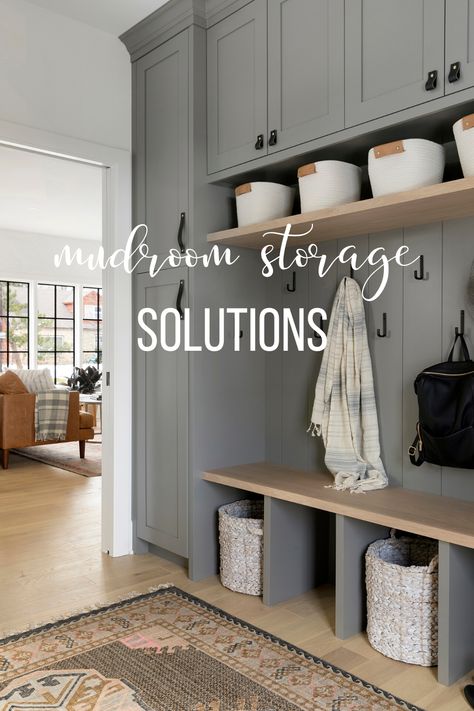 Storage Closet In Living Room, Storage Ideas For Front Entry, Colored Mudroom Cabinets, Back Door Entry Storage, Mid Room Storage, Mudroom Hardware Ideas, Mudroom Ideas With Cabinets, Entry Way Storage Cabinet, Cubby Storage Entryway