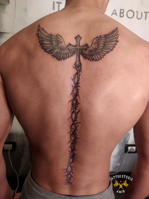 Cross With wings Back Cross Tattoos, Chinese Tattoo Designs, Cross With Wings Tattoo, Barbed Wire Tattoo, Wing Tattoos On Back, Wings Bird, Wire Tattoo, Wing Tattoo Men, Barbed Wire Tattoos