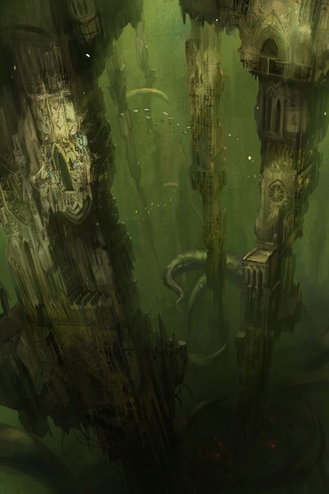 ArtStation - Ascendant city-depth, Sungwhooan Lee Lovecraft Art, Lovecraftian Horror, Underwater City, Landscape Concept, Cosmic Horror, Fantasy City, Fantasy Setting, Fantasy Places, Art Fantasy