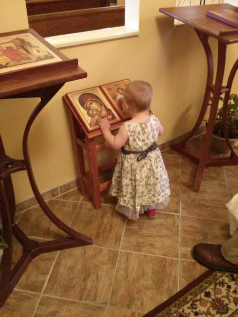 Children's icon stand or analogion  Per Kevin Basil Fritts: This photo is from St Anne Orthodox Church in Oak Ridge, Tennessee. The child-sized analogion was built by the rector, Fr. Stephen Freeman. Sounds Words, Oak Ridge Tennessee, Orthodox Catholic, Catholic Altar, Children Praying, Prayer Corner, Glory To God, St Anne, Home Altar