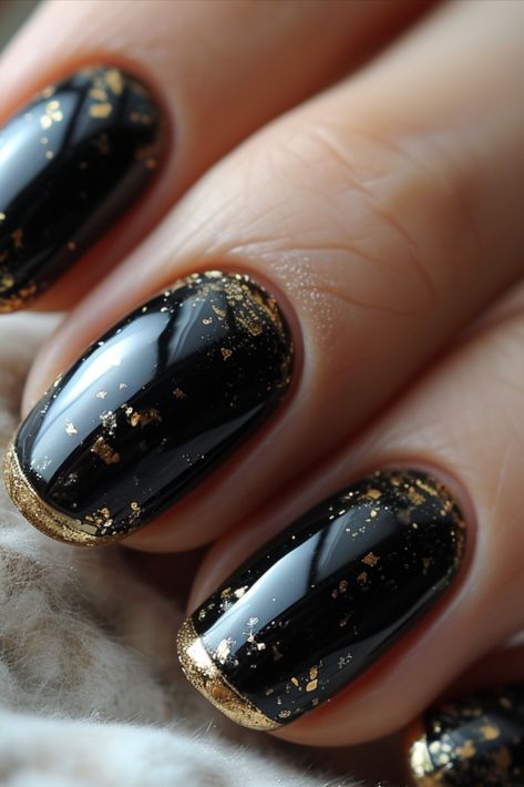 Black Nail Designs 2024 Dark Colour Nail Art, Black Nails With Gold Flakes, Black And Metallic Nails, Black And Gold Nail Art, Gold Black Nails, Black And Gold Nails, Dark Color Nails, Mystic Nails, Stiletto Nails Short