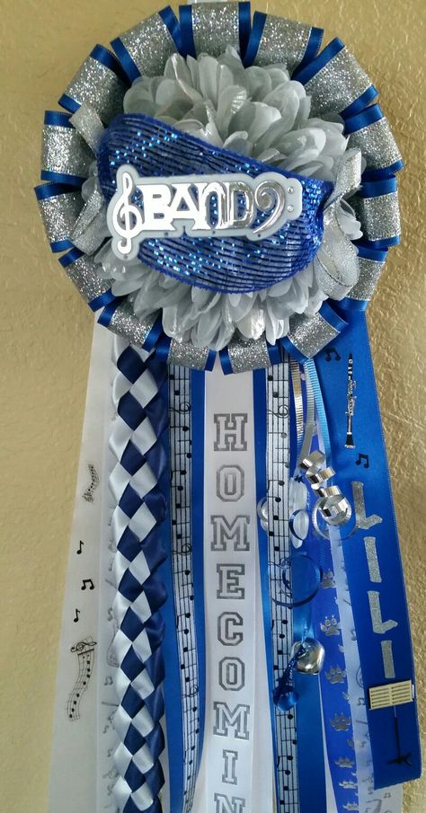 Homecoming Mum-Blue White Silver Homecoming Mum -Band - Lehman Lobos Homecoming Mum Blue And White, Blue White Silver Homecoming Mum, Band Mums Homecoming, Homecoming Mums Blue And White, Blue And White Mums Homecoming, Blue Mums Homecoming, Homecoming Mum Base, Hoco Garter, Homecoming Inspo