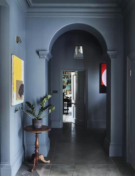 Time to rethink coloured ceilings and woodwork | House & Garden Blakes London, Art Deco Fireplace, Inchyra Blue, Dark Hallway, Edwardian House, Colored Ceiling, London House, Headboard Styles, Up House