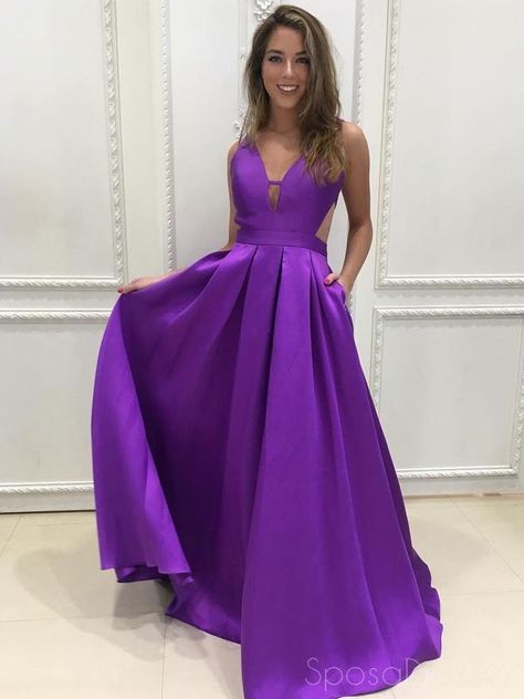 Minimalist Dress Formal, Purple Satin Prom Dress, Purple Ball Gown, Purple Prom, Purple Bridesmaids, Prom Dresses With Pockets, Simple Prom Dress, Purple Bridesmaid Dresses, V Neck Prom Dresses