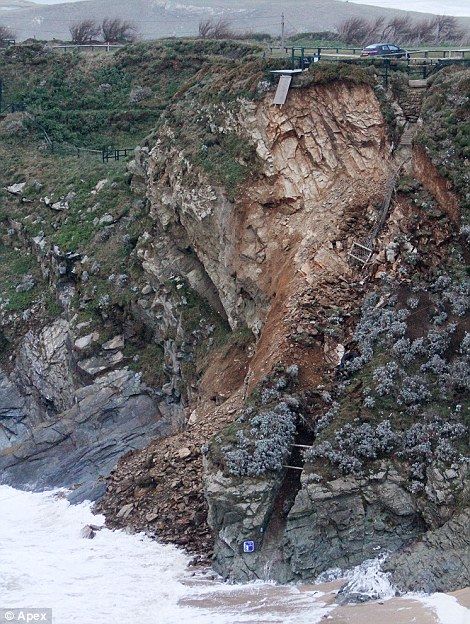 Land slide during storms at Lusty Glaze, Newquay, Cornwall - Feb 2014 Land Slide, Lusty Glaze, Newquay Cornwall, History People, Mad Scientist, Atlantic Ocean, Volcano, Cornwall, Mother Nature