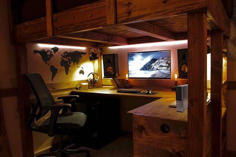 Under his loft bed setup! From redditor u/lucas_talbert Loft Bed Gaming Setup, Under Loft Bed Ideas, Desk Under Bed, Bed With Desk Underneath, Loft Bed Desk, Cool Loft Beds, Small Game Rooms, Gamer Bedroom, Diy Loft Bed