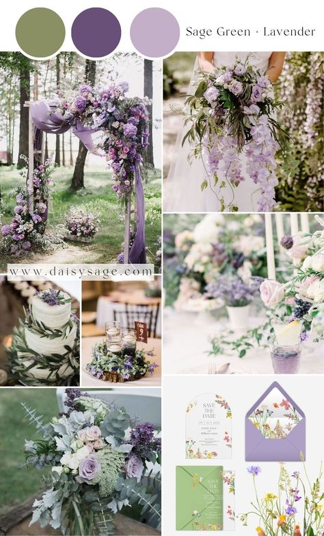 Top 13 Sage Green Wedding Color Theme Ideas 2024 - Daisy Sage March Wedding Colors, Lilac Wedding Themes, Lavender Wedding Colors, Lavender Wedding Theme, Sage Green Wedding Colors, Wedding Theme Color Schemes, Purple And Green Wedding, Wedding Color Palettes, Wedding Color Combos