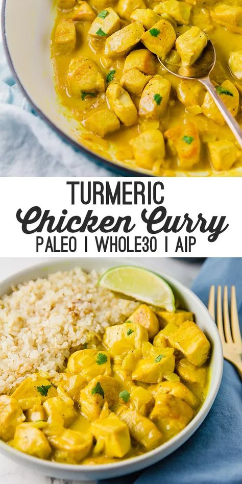 This turmeric chicken curry is flavorful, filling, and packed with anti-inflammatory ingredients! It's paleo, whole30, and AIP compliant. Paleo Menu, Turmeric Chicken, Kari Ayam, Paleo Cookbook, Diner Recept, Resep Diet, Paleo Diet Recipes, Aip Recipes, Paleo Chicken