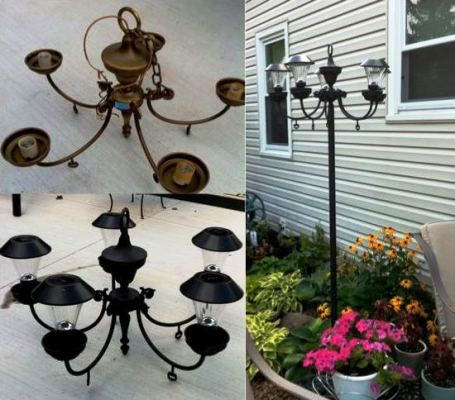 Great idea for making an outdoor light with an old chandelier and solar lights...I see another project in my future!  :-) Recycled Chandelier, Solar Chandelier Diy, Solar Chandelier, Solar Light Crafts, Flea Market Gardening, Vintage Light Fixtures, Outdoor Crafts, Deco Luminaire, Old Lights