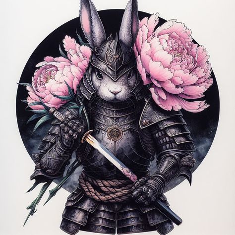 White Rabbit Samurai Rabbit Tattoo For Men, Rabbit Tattoo Ideas, Aztec Rabbit Tattoo, Japanese Rabbit Tattoo, Traditional Japanese Rabbit Tattoo, Rabbit Samurai, Chizu Samurai Rabbit, Armour Tattoo, Japan Rabbit Illustration