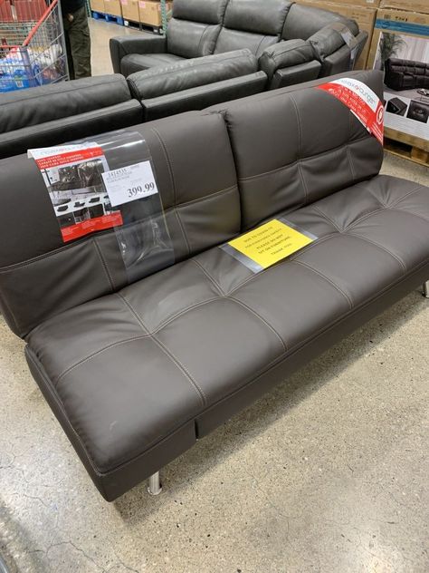 Costco sells this Relaxalounger Eurolounger for $399.99. Scroll down for photos. These relaxalounger's are really comfortable! Friends of ours have a couple of these inside their vacation mobile homes & they are awesome! As you can see in the display, it can be used as a simple couch that comfortably seats 3 people. This model also allows you to fold down 1 or both backrest's to turn it into a full blown bed. #costco #costcofurniture #eurolounger #futon #relaxalounger #sofa Futon Couch Overstock, Cosco Couch, Full Size Futon Couch, Costco Leather Sofa, Costco Reclining Sofa, Brown Futon Couch, Costco Furniture, Simple Couch, Sleeper Bed