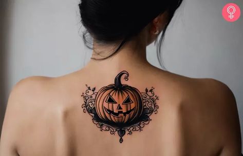 8 Halloween Tattoo Ideas For The Spooky Season Halloween Back Piece Tattoo, Planchette Tattoo, Witchy Tattoos, Halloween Tattoo Ideas, Dark Tattoos, Pumpkin Tattoo, Back Piece Tattoo, Wicked Tattoos, Sweet Tattoos