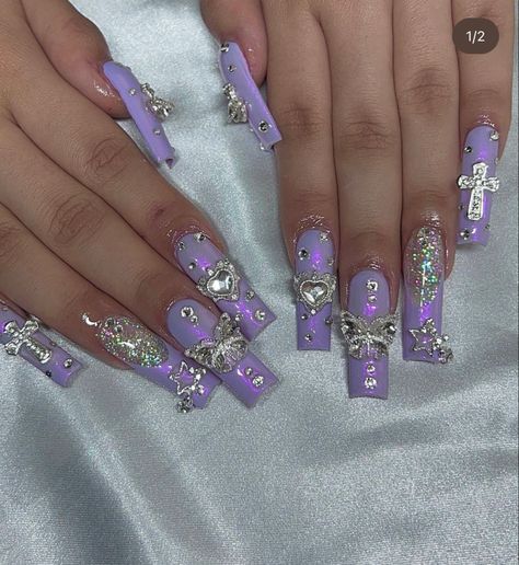 #chromehearts #acrylic #nails #purple Y2k Nail Ideas, Acrylic Nails Purple, Designs Y2k, Y2k Acrylic, Purple Chrome Nails, Y2k Nail, Quince Nails, Pride Nails, Quinceanera Nails