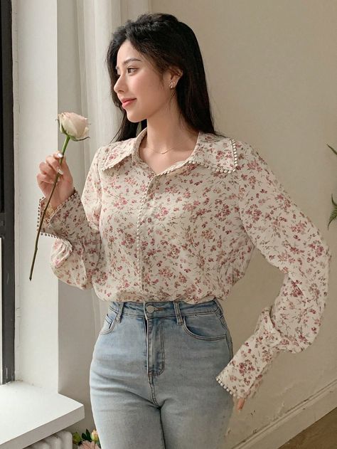 Ladies Fashionable And Elegant Ditsy Floral Long-Sleeved Versatile Shirt White Casual,Boho  Long Sleeve Polyester Plants,Ditsy Floral,All Over Print Shirt Non-Stretch Summer Women Clothing, size features are:Bust: ,Length: ,Sleeve Length: Beautiful Tops For Women Classy, White Floral Shirt Outfit, Floral Shirt Outfit Women, Classy Shirts For Women, Floral Blouse Outfit, Floral Shirt Outfit, White Floral Shirt, Classy Blouses, Full Sleeve Top