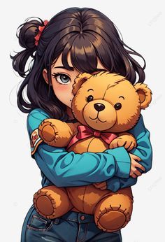 Anime Hugging Teddy Bear, Bear Art Drawing, Happy Pose Reference, Anime Teddy Bear, Hugging Illustration, Hugging Teddy Bear, Teddy Drawing, Happy Pose, Cartoon Png Transparent