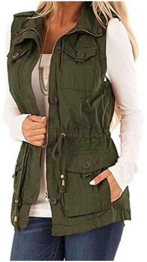 Women's Casual Military Utility Vest Lightweight Sleeveless Drawstring Jackets with Pockets Safari Vest, Travel Vest, Parisian Look, Fashion Vest, Drawstring Jacket, Farm Clothes, Cargo Vest, Lightweight Vest, Utility Vest