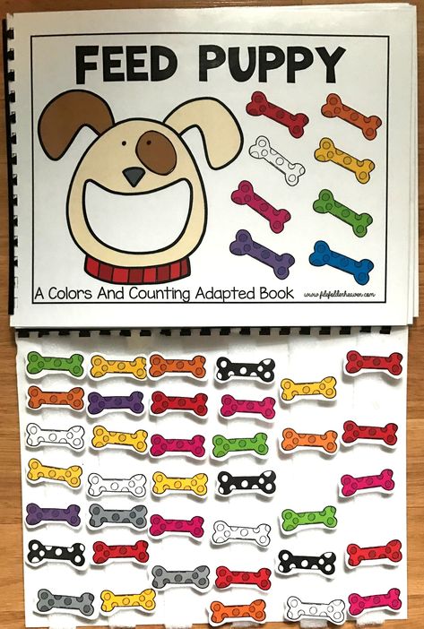 Feed Puppy: A Colors and Counting Adapted Book - Click Image to Close Sensory Bin Activities, Frog Activities, Puppy Puzzle, Independent Work Stations, Pet Theme, Animal Food, Animal Worksheets, Preschool Programs, Switch Games