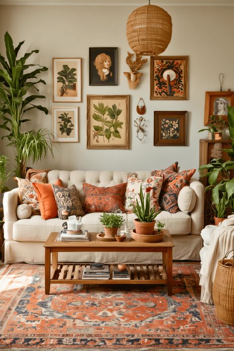 Peaceful Aesthetic Living Room, Folksy Living Room, Boho Cottage Decor Living Room, Bright Vintage Living Room, Cottage Boho Living Room, Small House Decorating Ideas Living Room, Hippie Living Room, Cozy Boho Living Room, Earthy Living Room