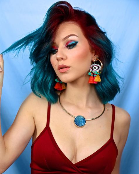 BLUE💙+RED❤️=THE REALEST COLOUR COMBO EVER 😱😱 Full colour procedure up on my YT channel now!#LinkInBio How cool is this???! I had no hope… Cherry Red Highlights, Stella Cini, Blue And Red Hair, Witchy Hair, Pale Skin Hair Color, Edgy Hair Color, Color Block Hair, Skin Tone Hair Color, Shaved Hair Cuts