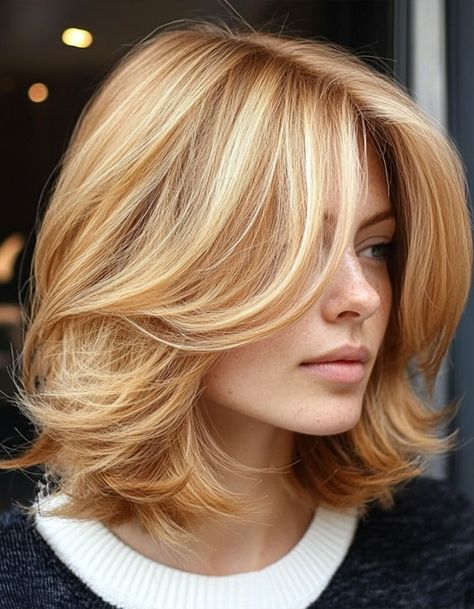 Layered Bob Haircut, Golden Blonde Layered Lob Golden Blonde Bob Hairstyles, Short Layered Blonde Hairstyles, Strawberry Blonde Hair Bob, Blonde Bob With Layers, Warm Lowlights For Blondes, Short Layered Blonde Hair, Mid Length Blonde Hair With Layers, Honey Blonde Lob, Dirty Blonde Bob