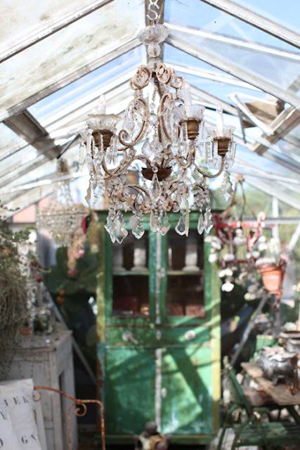 chandelier in the green house-cool! Conservatory Greenhouse, Magic Places, Greenhouse Shed, Home Greenhouse, Small Greenhouse, Dreamy Whites, Mod Vintage, Potting Sheds, Diy Greenhouse