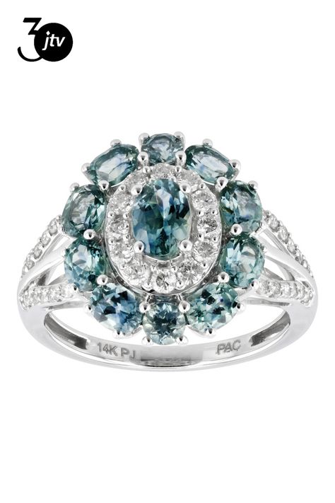 Park Avenue Collection�� 1.94ctw oval and .24ctw round blue Montana sapphire and .36ctw round white diamond, rhodium over 14k white gold halo ring.  Measures approximately 13/16" L x 1/16" W and is sizeable. Gold Halo Ring, Montana Sapphire, Gold Halo, Park Avenue, Halo Ring, Halo Rings, White Diamond, Montana, Halo