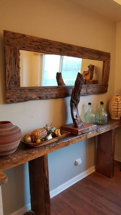 Rustic Mirror Frame, Barn Wood Mirror, Rustic Furniture Diy, Barn Wood Projects, Wooden Console Table, Rustic Mirrors, Home Decor Idea, Wall Decor Design, Wood Plans