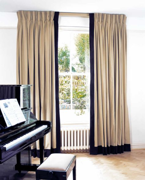 Jute curtains with triple pleat heading and leading edge and bottom borders in Como Chocolate hung on a lath & fascia Drapery Trim, Curtain Styles, Plain Curtains, Interior Windows, Custom Drapes, Curtains Living, Beautiful Curtains, Pleated Curtains, Custom Window Treatments