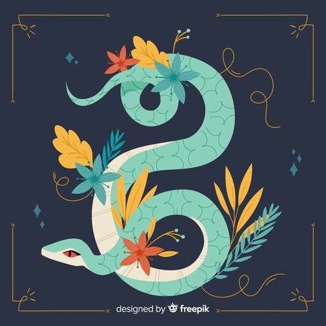 Snake Vector Illustration, Cute Snake Illustration, Snake Illustration Cute, Snake Illustration Design, Freepik Illustration, Snake With Flowers, Snake Illustration, Snake Drawing, Animal Illustration Art