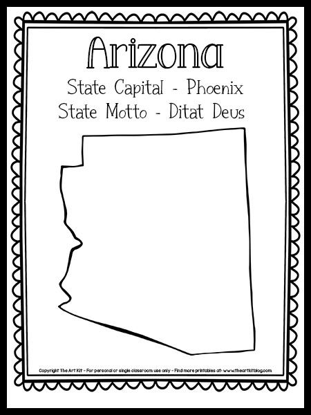 Arizona State Outline Coloring Page {FREE Printable!} - The Art Kit Arizona Coloring Pages, Arizona Symbols, Arizona State Outline, Home Craft Room, Social Studies Unit, Coloring Page Free Printable, State Symbols, Room Supplies, Map Outline