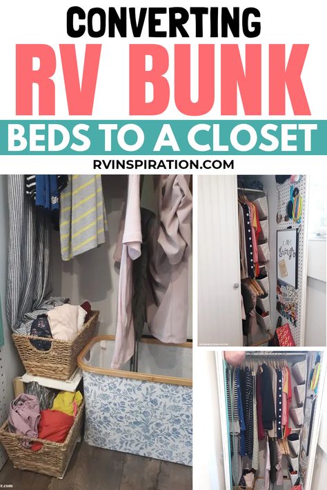 If you have no use for your RV's bunk beds space, then you can benefit a lot more from turning it into a full closet! Here's how to convert your RV's bunk bed into a useful closet, all from scratch. No extensive construction background needed! Click to continue. Cowboy Bob, Building A Closet, Camper Bunk Beds, Rv Office, Rv Bunk Beds, Finance Coach, Construction Background, Rv Models, Pink Trailer