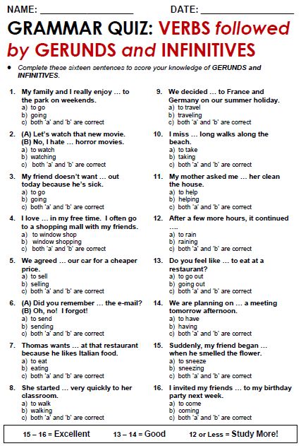 Free printable PDF grammar worksheets, quizzes and games, from A to Z, for EFL/ESL teachers. GERUNDS  and INFINITIVES Verb Infinitive And Gerund, Gerund And Infinitive Worksheets, Esl Worksheets For Adults, Gerunds Worksheet, To Infinitive, Gerunds And Infinitives, English Grammar Quiz, English Grammar Test, Esl Grammar