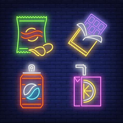 Free vector snacks and drinks for vendor... | Free Vector #Freepik #freevector #neon #neon-food #neon-sign #neon-elements Vendor Machine, Boss Up Quotes, Neon Signs Quotes, Logo Banner, Bar Logo, Neon Art, Set Free, File Free, Graphic Resources