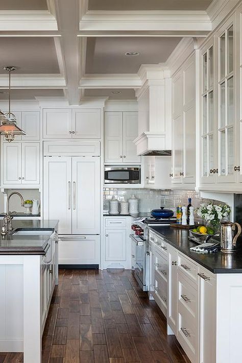 Cottage kitchen features a coffered ceiling with coffers painted grey lined with The Urban Electric Co. Island Backsplash, Slab Backsplash, Dark Island, Nice Kitchen, Marble Island, Walnut Kitchen, Wood Island, Two Tone Kitchen, Future Kitchen