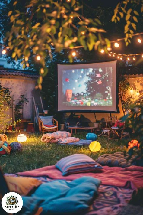 Backyard Entertainment Ideas, Movie Night Under The Stars, Small Water Feature, Outside Movie, Butterfly Feeders, Potting Station, Backyard Entertainment, Entertaining Garden, Flower Bed Borders