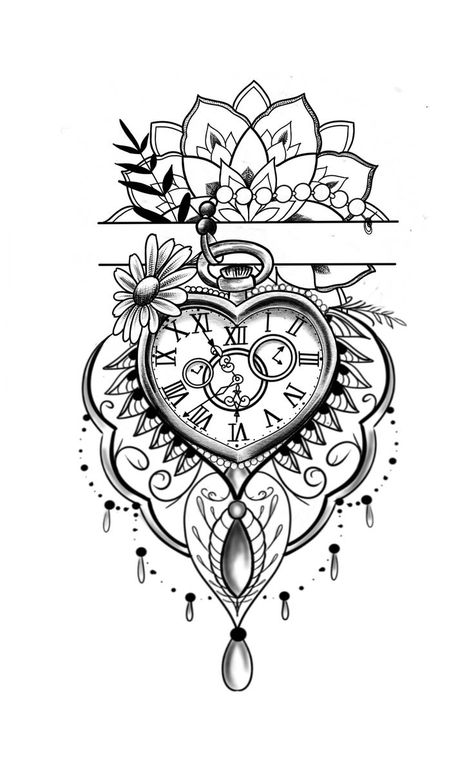 Pin by Keren Cristine Biserra on projetos de tattoo | Sleeve tattoos, Creative tattoos, Floral tattoo sleeve Mandala Tattoo Drawing Design, Heart Clock Tattoo Design, Heart Clock Tattoo, Heart Clock, Tattoos Creative, Mandala Tattoo Sleeve, Clock Tattoo Design, Tattoos For Women Half Sleeve, Muster Tattoos